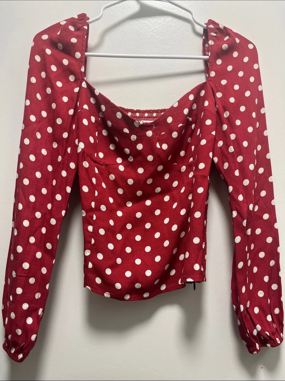Reformation Red Polka Dot Square-Neck Long Sleeve Top